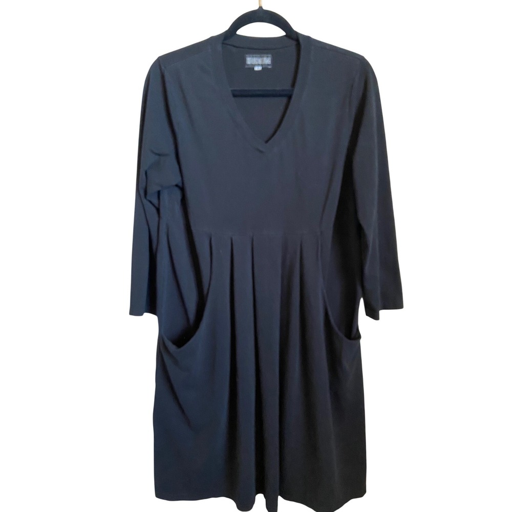 Iridium Black V-Neck Pleated Waist Pocket Dress Womens Medium 3/4 Sleeve Cotton